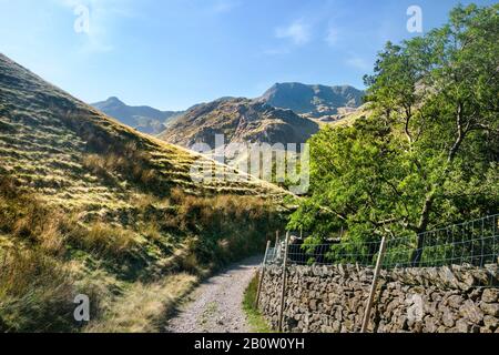 English Lake District Fells Sommerlandschaft - Fußweg & trockene Steinmauer in Grisedale mit Blick auf Dollywagon Pike, Eagle Crag und Nethermost Pike Stockfoto