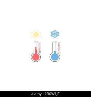 Vektorsammlung von Symbolen für flache Wettervorhersagen - Thermometer: Warme Temperatur und kalte Temperatur Stock Vektor