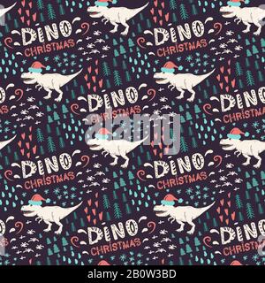 Vektor nahtloses Muster mit wildem Dino im weihnachtsmann Hut Stock Vektor