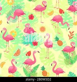 Exotische rosafarbene Flamingos, tropische Pflanzen und Dschungelblüten monstera und Palmblätter. Tropic Flamingo Cartoon nahtloses Vektor-Hintergrundmuster Stock Vektor