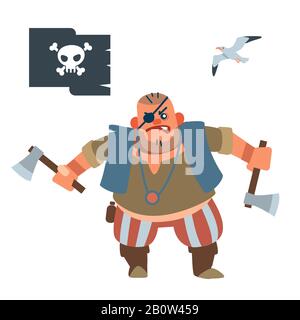 Piratenräuber. Muskulöse Piratenkorty mit zwei Kampfachsen Vektor-Illustration von flachem Cartoon auf weißem Hintergrund. Stock Vektor