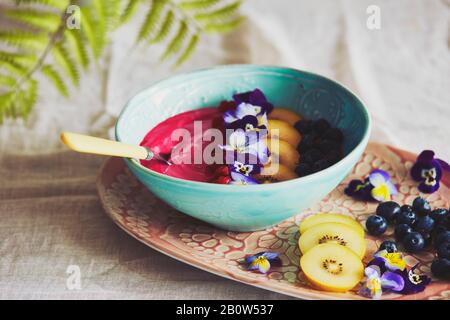 Hoher Winkel nahe der Schüssel mit rosafarbenem Fruchtpüree mit Blaubeeren und Scheiben gelber Kiwis, verziert mit pansigem Petalen. Stockfoto
