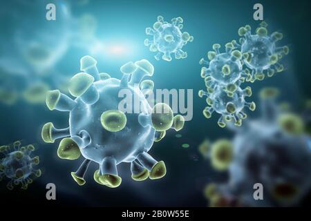 3D-Abbildung mit Coronavirus aus Wuhan, China. Dieser Virus könnte gefährlich oder tödlich sein als SARS. Stockfoto
