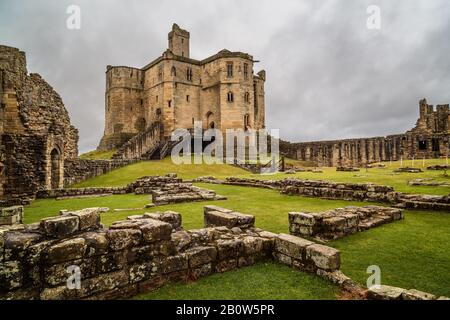 Warkworth Castle, Ein Alter, Mittelalterlicher Burgruine Stockfoto