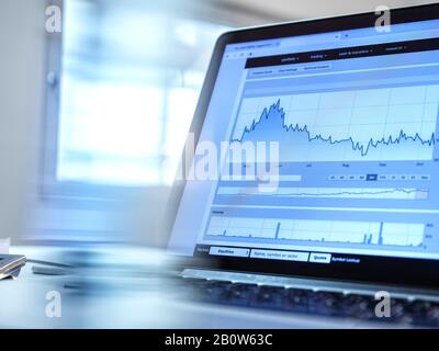 Performance der Investitionen, Aktienkursdaten aus einem Investoren-Portfolio auf einem Notebook-Bildschirm. Stockfoto