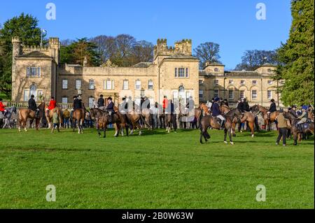 Aske Hall, Richmond, North Yorkshire, Großbritannien - 08. Februar 2020: Nahaufnahme von Reitfuchsjägern, die vor der Jagd vor dem traditionellen Briefing erhalten Stockfoto