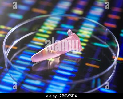 Nahaufnahme von DNA-Proben in Mikrozentrifugenröhrchen mit dem DNA-Profil auf einem Monitorbildschirm. Stockfoto