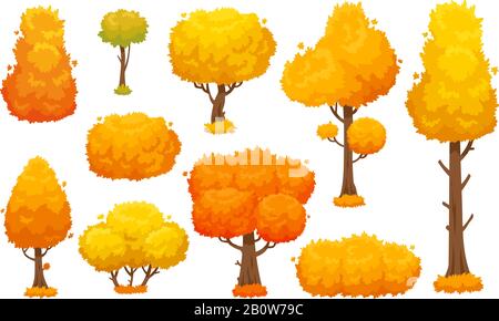 Bunte Herbstbäume. Cartoon gelber Fallbaum und herbstlicher Gartenbusch für Landschaftshintergrund-Vektor gesetzt Stock Vektor