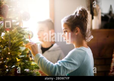 Geschwister schmücken Weihnachtsbaum zu Hause Stockfoto