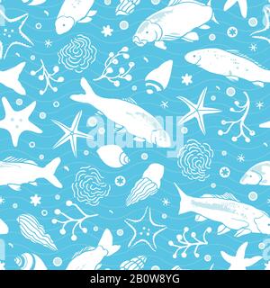 SeaLife Linokut-Muster mit Fisch, Seesterne, Seetang und in Blautönen auf gestreiftem Hintergrund. Strandmuster im Sommer. Oberflächenmuster. Stock Vektor