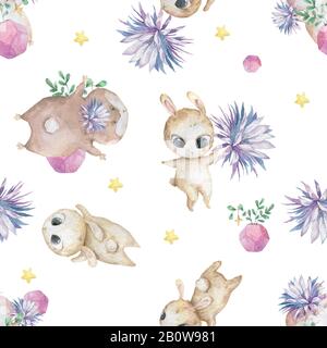 Ostern nahtlose Muster-Design mit Hasen Süße Aquarell bunte Illustration mit blauen Blumen und Hase auf weißem Hintergrund. Babykrippe Stockfoto