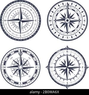 Alter Seekompass. Retro Ost und West, Nord und Süd Pfeile. Navigation Kompasse mit Rose von Wind isoliert Vektor Set Stock Vektor