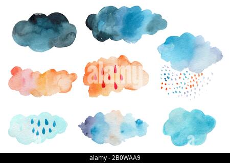 Handgezeichnete isolierte Elemente, Satz von Wolken. Einfaches, modernes Design im skandinavischen Stil. Für Herbstdesigns oder Winterurlaubskarten. Teil eines großen Chr. Stockfoto