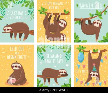 Grußkarte mit flauschiger Faulheit. Cartoon niedliche Faultier-Karten mit Motivation und Glückwunschtext. Lumber Animals Illustrationssatz Stock Vektor