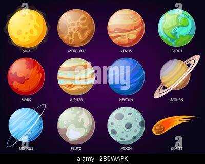 Cartoon Sonnensystem Planeten. Astronomischer Sternwarte, Meteor und Stern. Astronomie-Vektor-Symbole festgelegt Stock Vektor