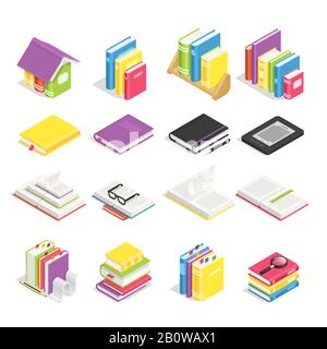 Isometrische Bücher. Schulbuch, Buch mit Lesezeichen und Notizbuch mit Stift. Stapel von Lehrbüchern im Bibliotheks-Bücherregal-Vektorsymbol festgelegt Stock Vektor
