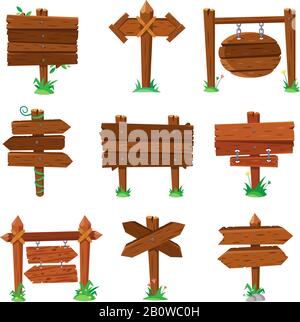 Schilder in grünem Gras. Holzbohlen Straßenschilder, Holzschilder oder isolierte Wegweisertafel Cartoon-Vektor-Set Stock Vektor