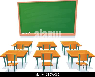 Schul-Schwarzen Brett und Schreibtische. Leere Tafel, Holztisch im Klassenzimmer und Stuhl isolierte Cartoon-Vektorgrafiken Stock Vektor