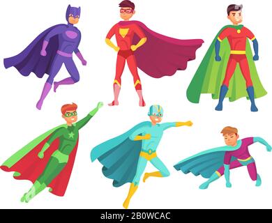 Superheldenfiguren. Cartoon muskulöse Heldenfigur in farbenfrohem Super-Kostüm mit winkelndem Mantel. Vektorsatz für fliegende Superhelden Stock Vektor