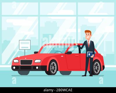 Autohändler im Verkaufsraum des Händlers. Neuwagenverkauf, glücklicher Verkäufer zeigt Premium-Fahrzeug-zu-Käufer-Zeichentrickkonzept Illustration Stock Vektor