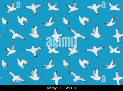 Nahtlose Möwen-Muster. Cartoon-Möwe über dem Meer fliegen. Schiffsvektor endlose Textur Stock Vektor