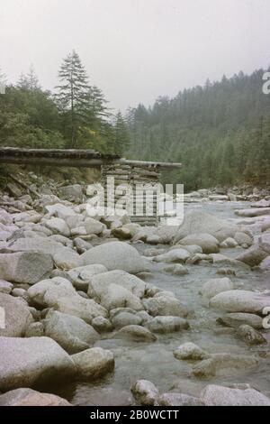 Verlassene Ruinen der Holzbrücke über den Fluss Mittlerer Sakukan im Kodar-Gebirge in der Transbaikal-Region in Sibirien, Russland. Die Brücke wurde von den politischen Gefangenen des sowjetischen Regimes in den späten vierziger Jahren als Teil der Verkehrskommunikation zum Lager Mramorny des Zwangsarbeiterlagers Gulag gebaut, das in der Höhe etwa 2.150 Meter über dem Meeresspiegel liegt. Das Lager wurde im Januar 1949 eingerichtet, um die nahe gelegene Uranmine zu bedienen. Die Politikergefangenen des sowjetischen Regimes waren früher hier unter extrem harten Bedingungen tätig. Das Lager wurde im Oktober 1951 wegen geschlossen Stockfoto