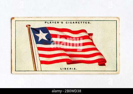 Die Zigarettenkarte des Spielers in Flags of the League of Nations zeigt die Flagge Liberias. Ausgabe Von 1928. Stockfoto