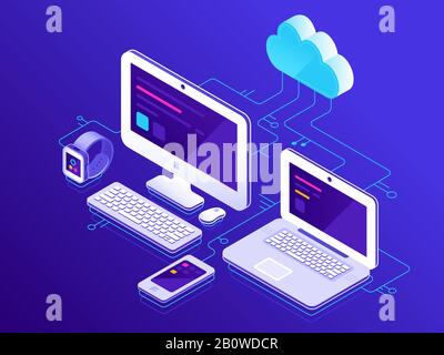 Cloud-Speicher. Mit dem Datenserver verbundene Computergeräte. Abbildung: Sichere Verbindung von Tablet-PCs und Smartphones - Vektorgrafiken Stock Vektor