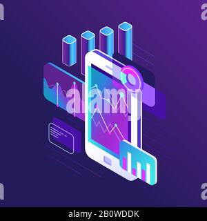 Infografik zur Datenforschung, Trenddiagramm und Diagramme zur Geschäftsstrategie auf dem Smartphone-Bildschirm. Trenddiagramm 3d isometrische Vektorgrafiken Stock Vektor