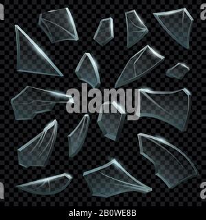 Realistisches zerbrochenen Glas. Transparente zerbrochene Stücke von gerissenen Gläsern. Klare Splitter Formen und zerbrochene Bruchstücke Vektorsatz Stock Vektor