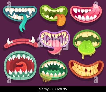 Monster murren. Halloween gruselige Monsterzähne und Zunge im Mund. Lustige Kiefer und verrückte maws bizarrer Kreaturen Cartoon-Vektor-Set Stock Vektor