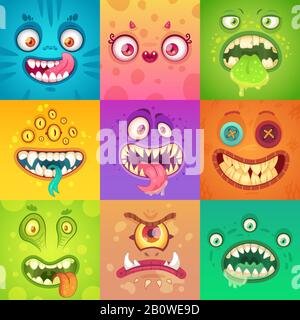 Lustige halloween-monster. Niedliches und gruseliges Monstergesicht mit Augen und Mund. Vektorgrafiksatz für Maskottchen einer seltsamen Kreatur Stock Vektor