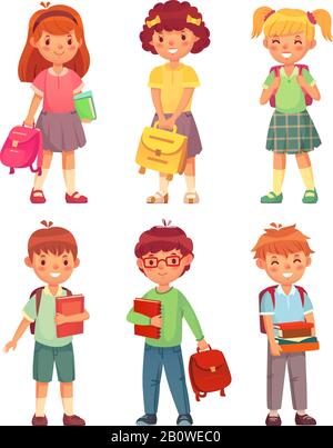 Grundschulkinder. Cartoon Kinder Schüler mit Rucksack und Büchern. Fröhlicher Junge und Mädchen Schüler in Schulen einheitliche Vektor-Set Stock Vektor