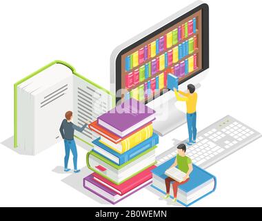 Lesekonzept für Bücher. Kleine Leute mit riesigen Büchern. Online-Schulungen Fernschulungen Tutorials und Vektorhintergrund für Online-Bibliotheken Stock Vektor