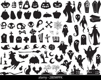 Halloween Silhouetten. Spoky böse Hexe, gruseliger Grabsarg und Zauberersilhouette. Kürbis-, Spinne- und Geistervektor-Illustrationssatz Stock Vektor