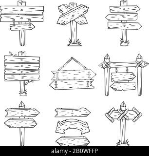 Holzschilder aus Doodle. Handgezeichnete Schilder aus Holz und Pfeile skizzieren. Straßenschild im Retro-Stil mit isoliertem Vektorversatz Stock Vektor