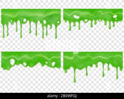 Realistischer Dripping Slime. Nahtloser grüner Fleck von Drippings Gifttropfen. 3D-realistische Vektordarstellung für Schleimtropfentropfen Stock Vektor