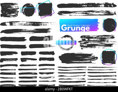 Grunge Pinselstriche. Pinselstrich mit Wasserfarbe. Schmutzige quadratische Rahmen, unordentliche Bürsten und dekorative rechteckige Rahmenvektor-Set Stock Vektor