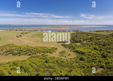 Luftbild vom Leuchtturm Dornbusch über die Insel Hiddensee in der Ostsee, Mecklenburg-Vorpommern/Mecklenburg-Vorpommern, Deutschland Stockfoto