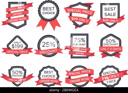Flat Sale Badge. Banner mit Retro-Emblem und alten viktorianischen Etiketten. Vintage Sales Badges und Bänder kennzeichnen Vektorgrafik-Set Stock Vektor