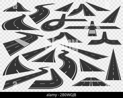 Geschwungene Straße in Perspektive. Biegung Autobahnen Kurven, ländlichen Asphalt und kurvige Wendestraßen Vektorgrafik Satz Stock Vektor