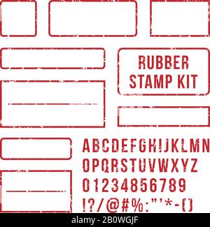 Stempelbuchstaben aus Gummi. Rote Stempel Rahmen- und Briefdrucksymbole mit Schriftnummern. Markenset Vektor-Satz Stock Vektor