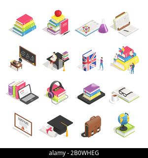 Symbol für isometrische Hochschulbildung. Schul-Tafel, Kursteilnehmerbriefkoffer und Professoren-Brille. Bücher Symbole Vektor-Satz Stock Vektor