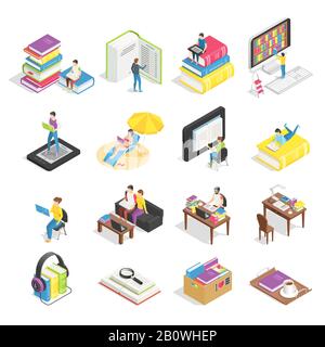 Isometrischer Buchsatz. Lesen von Büchern, Lehrbüchern für das Lernen von Schülern und E-Books. Lehrbuch für Studenten Vektorgrafiken Stock Vektor