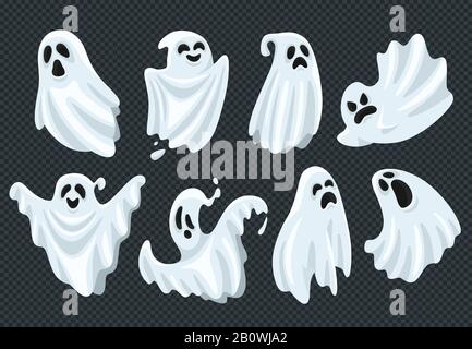 Verspotterter halloween-geist. Fliegen Sie Phantomgeist mit einem gruseligen Gesicht. Gespenstische Erscheinung in Vektorgrafiken aus weißem Stoff Stock Vektor