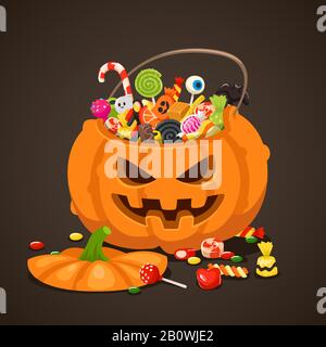 Halloween Süßigkeiten im Kürbisbeutel. Süße Lollipop-Süßigkeiten für Kinder. Vereinzelte Kinder-Bonbons-Vektorgrafiken tricksen oder behandeln Stock Vektor