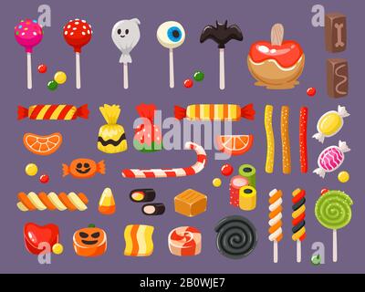 Halloween Süßigkeiten. Süßigkeiten, gruselige Fledermaus-Lollipop und Süßigkeiten Lakritzen-Butterscotch-Vektorgrafik-Set Stock Vektor