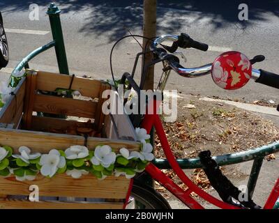 Trendige rote Damenfahrräder mit dekorativer roter und weißer Glocke und Holzträgerbox mit grauem Asphalt und Bürgersteig. Urbanes Lifestyle-Konzept Stockfoto