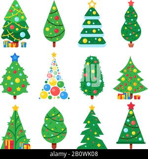 Weihnachtsbaum aus flachem Papier. Winterurlaub Bäume dekorierten Stern, Weihnachtsgarlands und Neujahrs-Spielzeug. Tannenvektor-Kollektion Stock Vektor