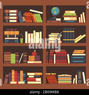 Bücher im Bücherregal. Lexikonbuch im Bücherregal. Stapeln Sie Lehrbücher und Zeitschriften in den Bücherregalen Vektor-Hintergrundillustration Stock Vektor